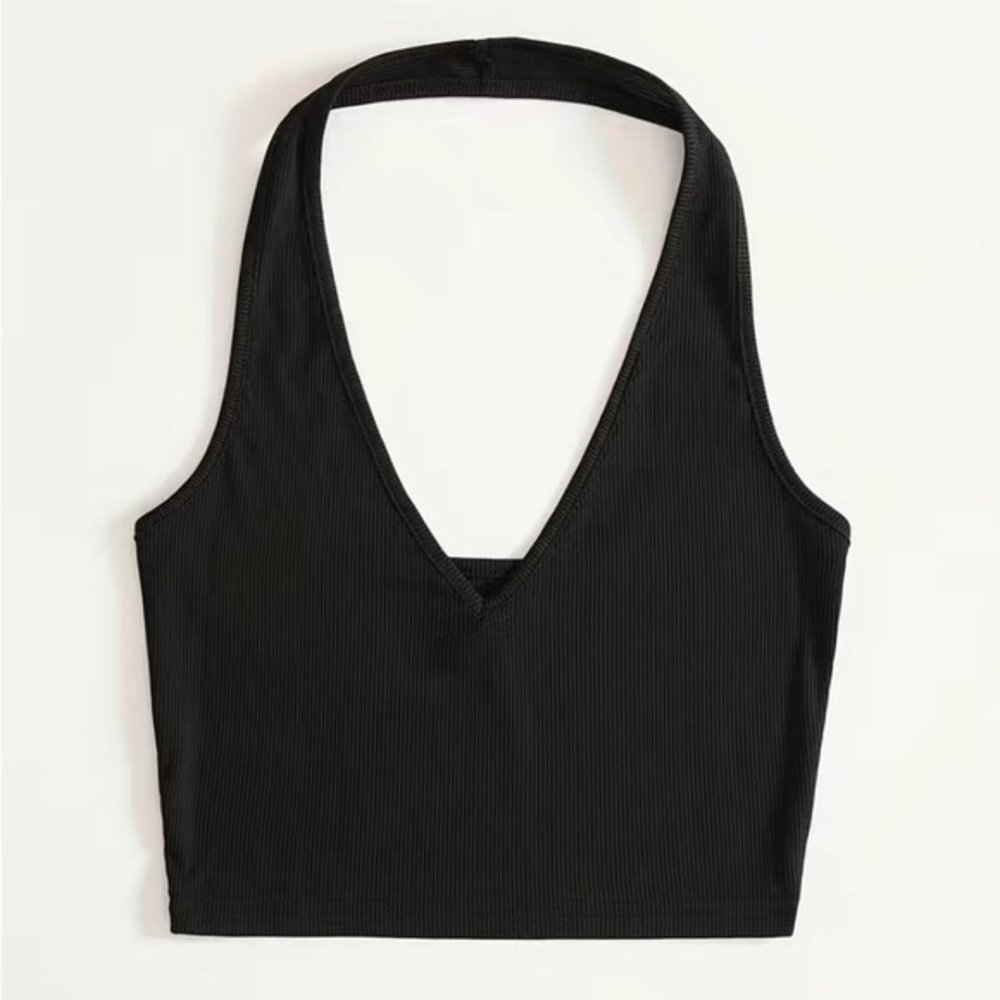 NEW Women’s Ribbed Knit Basic Halter Neck Crop Top Vneck (Black Ribbed Multiple)